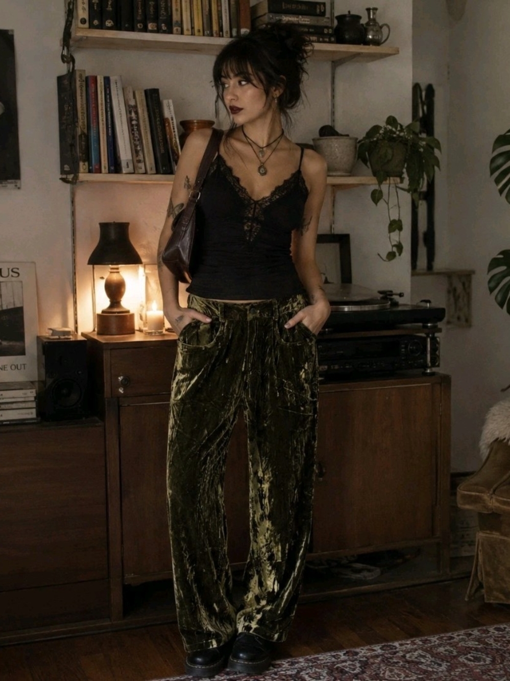 Moda International Olive Green Velvet Wide Leg Pants